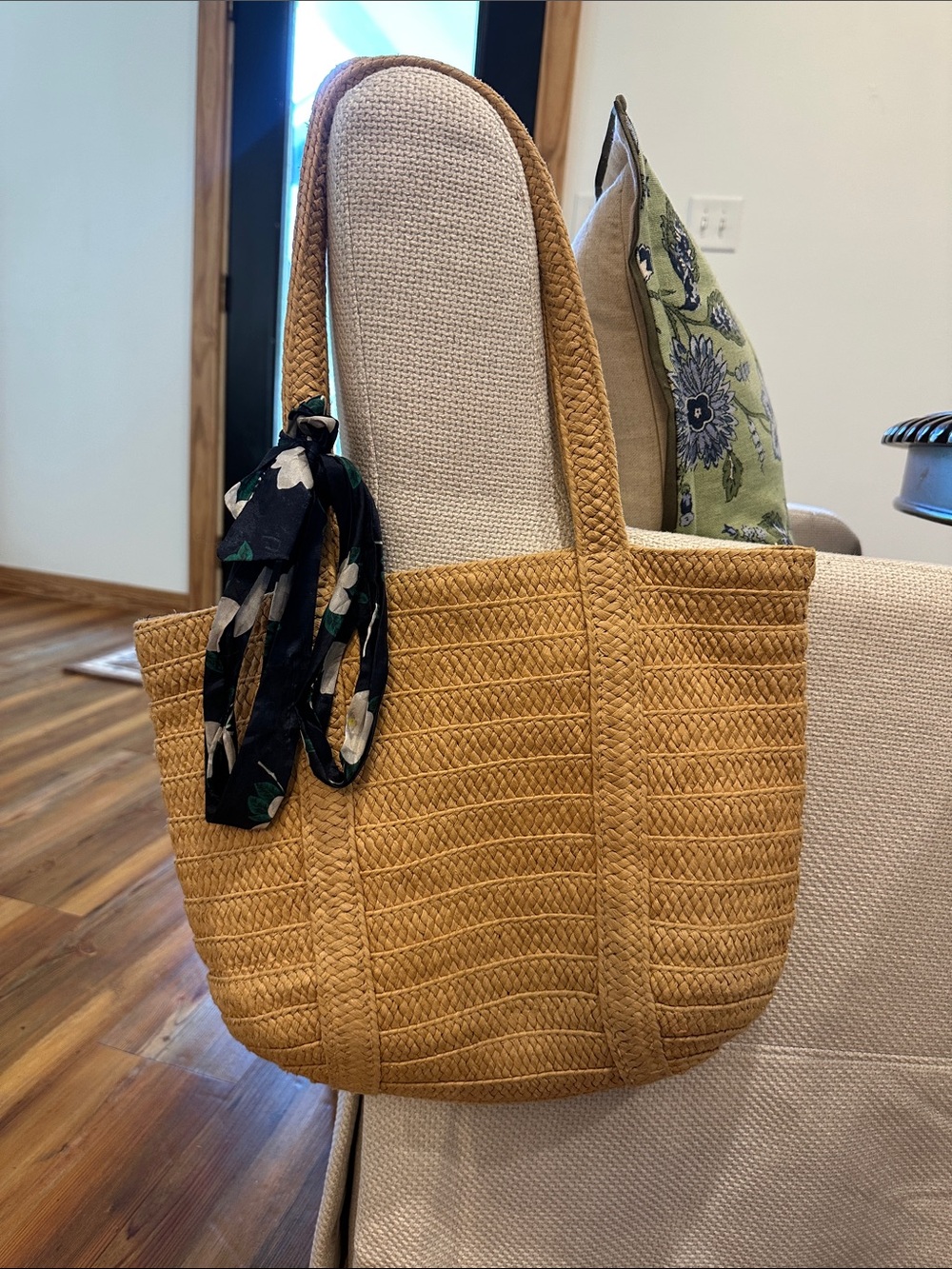 Draper James Mustard Yellow Woven Tote with Black Floral Scarf